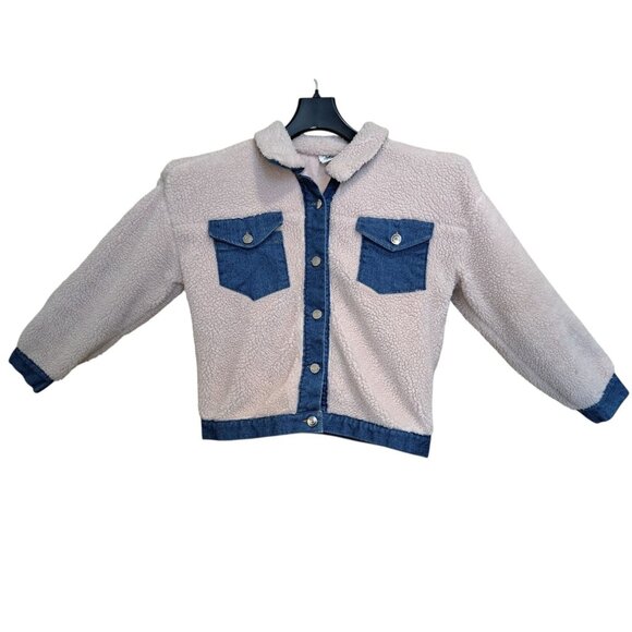 Jolie & Joy Girls L Sherpa Denim Jacket Pink Fleece Button Front Jean Trim Cozy - Picture 1 of 6